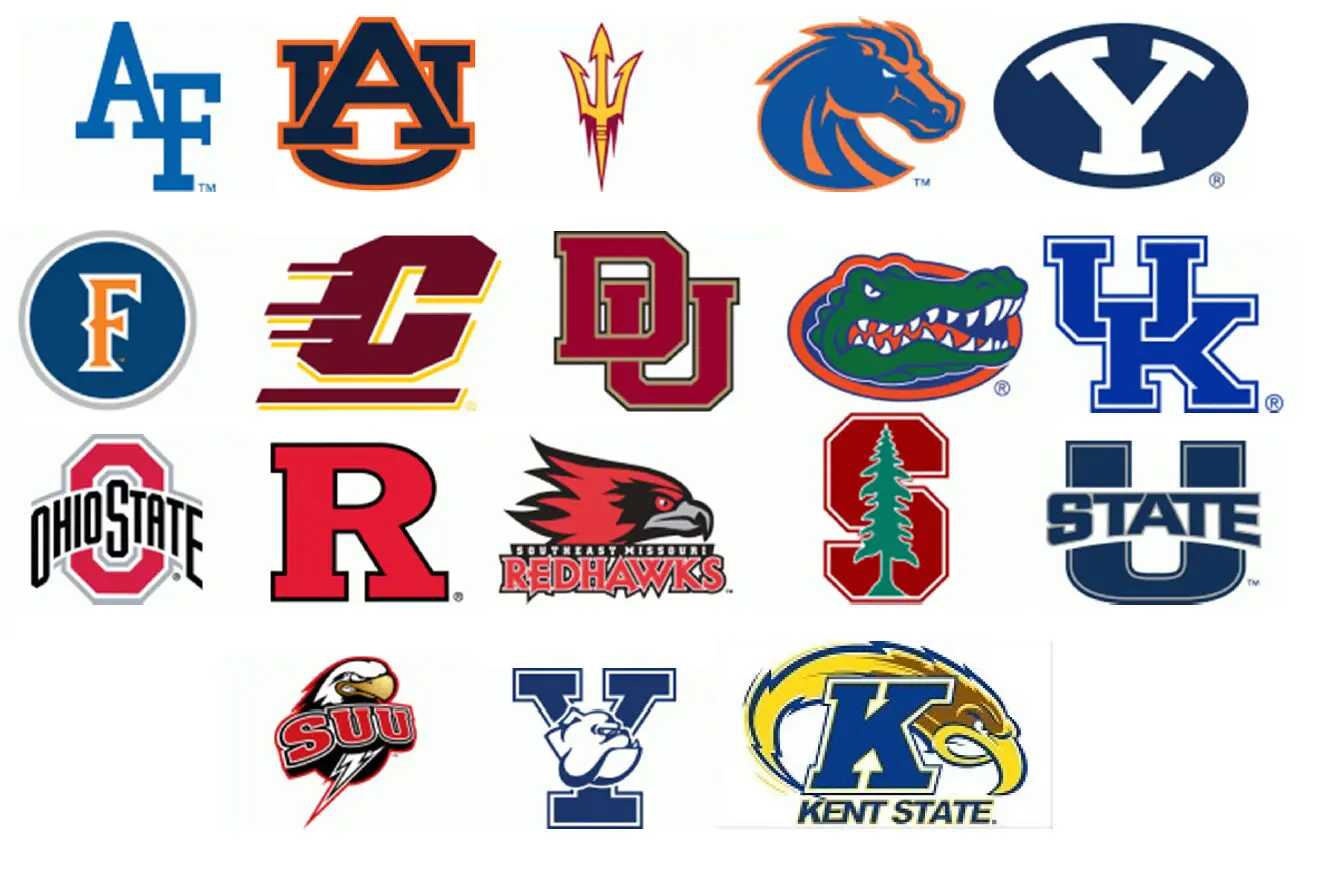 A bunch of college logos are on the wall