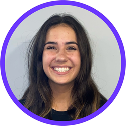 A girl smiling for the camera with purple border around her.